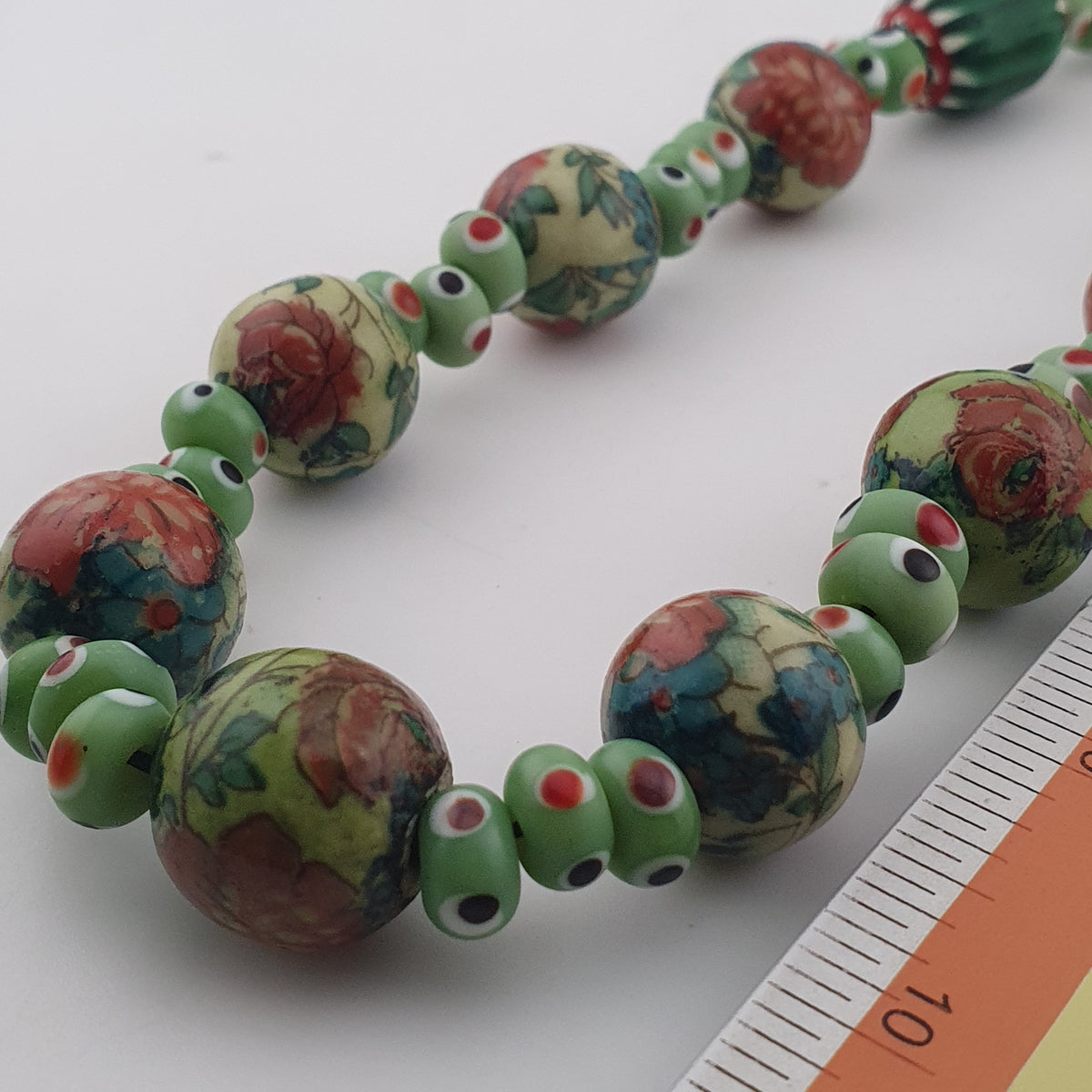 Vintage Venetian Printed Floral & Eyes Glass Beads Necklace