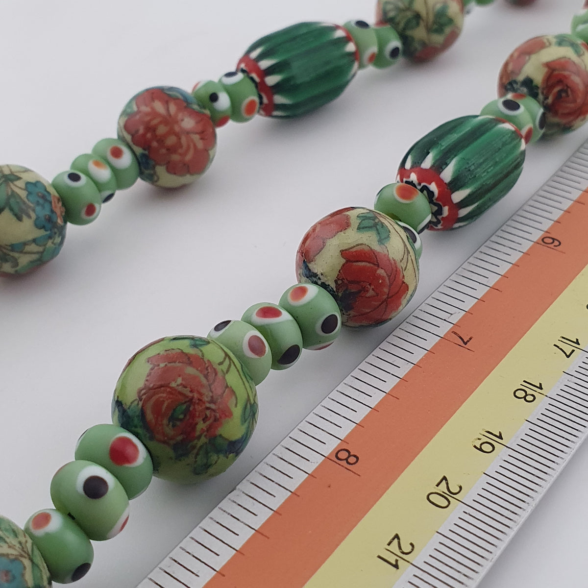 Vintage Venetian Printed Floral & Eyes Glass Beads Necklace