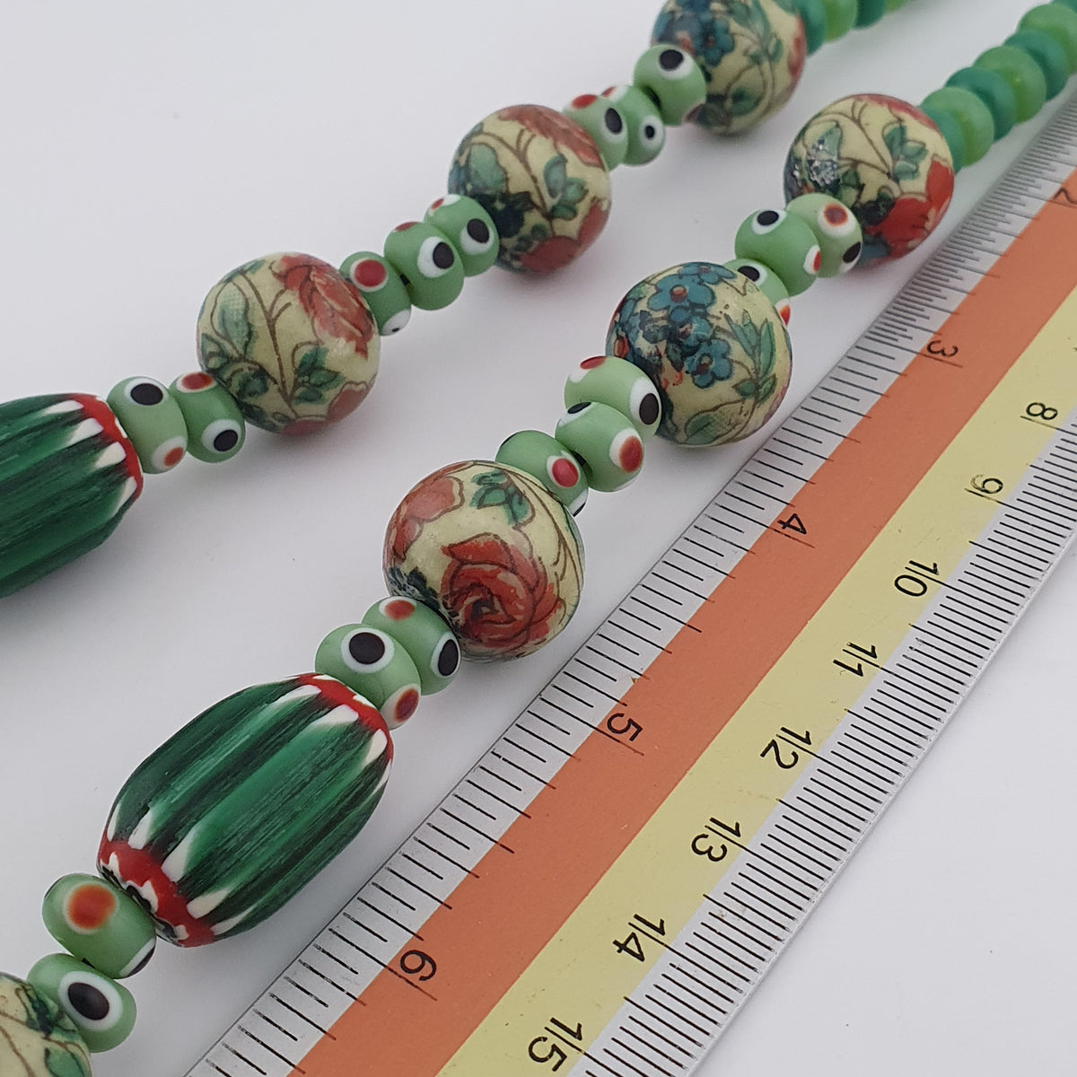 Vintage Venetian Printed Floral & Eyes Glass Beads Necklace
