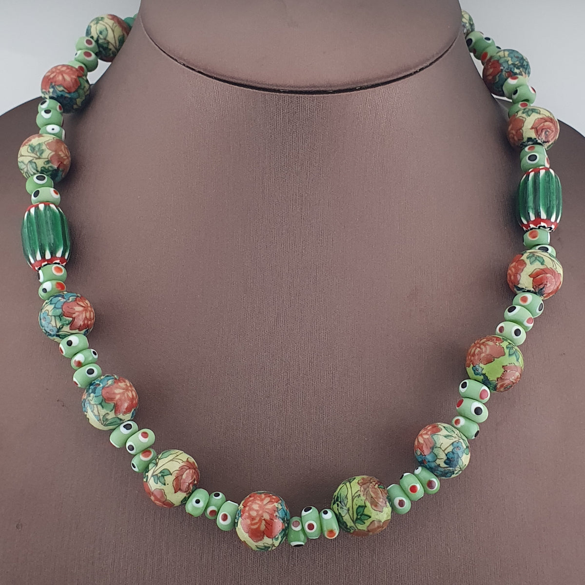 Vintage Venetian Printed Floral & Eyes Glass Beads Necklace
