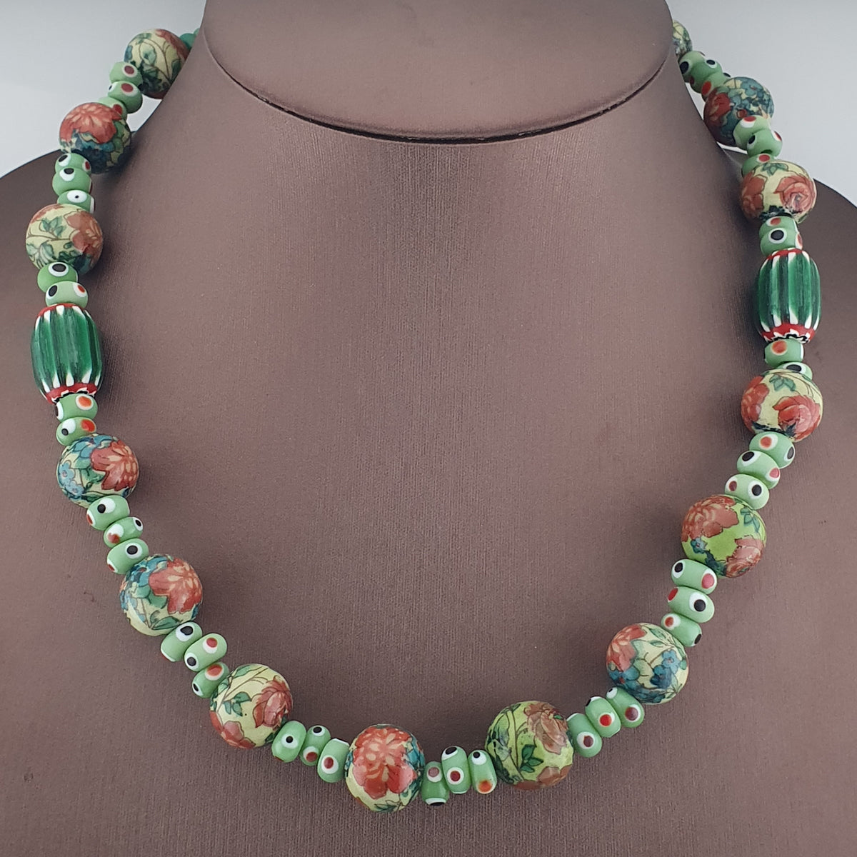 Vintage Venetian Printed Floral & Eyes Glass Beads Necklace