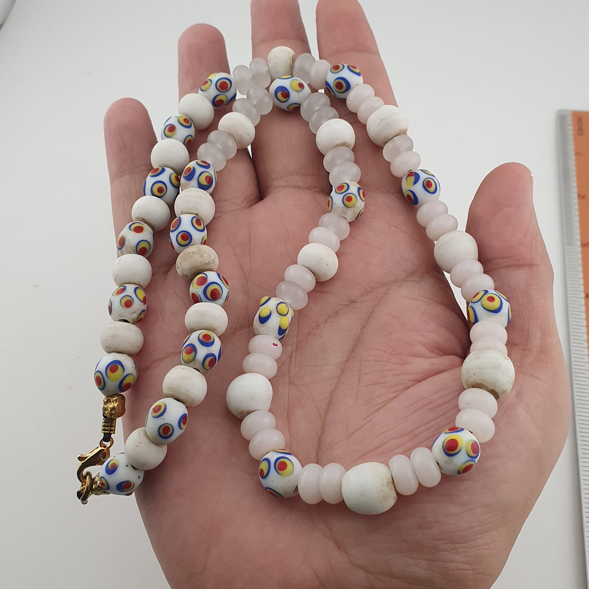Vintage Venetian African Style Skunk Eyes &amp; Tire Shape White Glass Beads Necklace