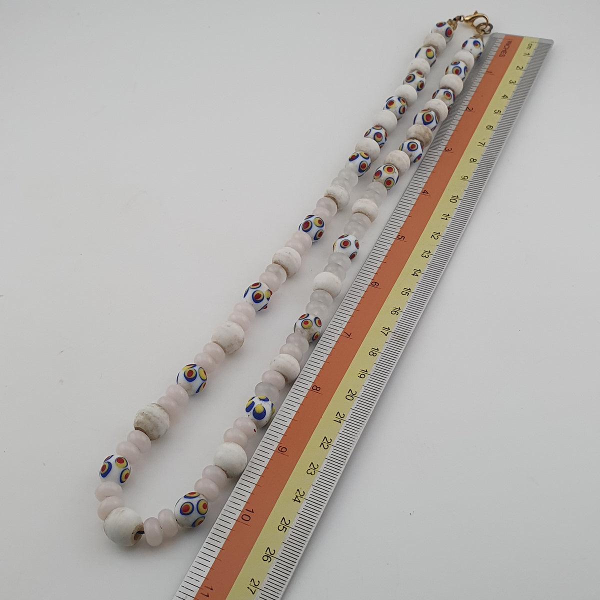 Vintage Venetian African Style Skunk Eyes &amp; Tire Shape White Glass Beads Necklace