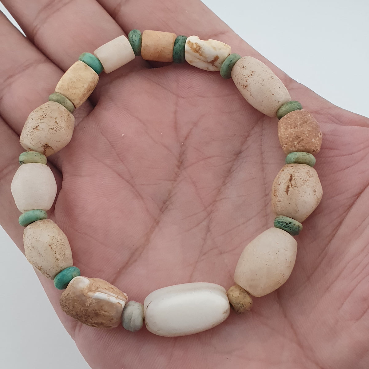 Antique White Yemeni Agate & Amazonite Stone Beads Bracelet  Vintage Gemstone Jewelry
