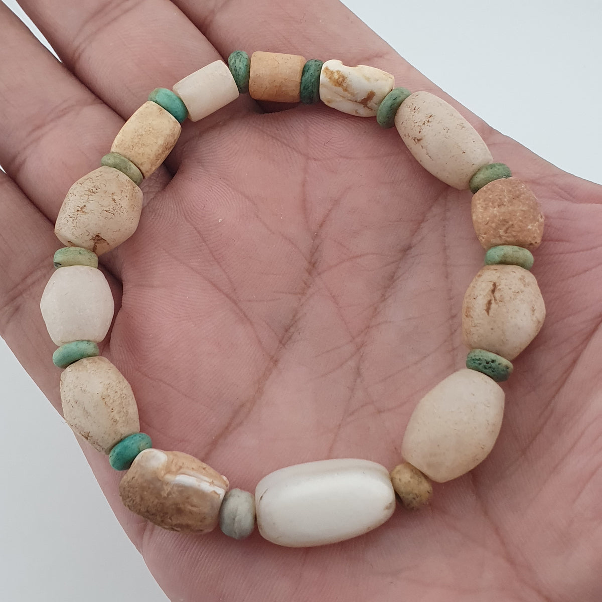 Antique White Yemeni Agate & Amazonite Stone Beads Bracelet  Vintage Gemstone Jewelry