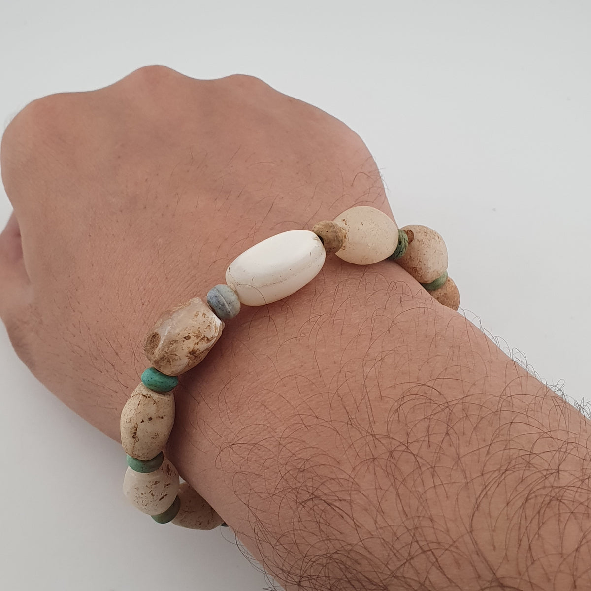Antique White Yemeni Agate & Amazonite Stone Beads Bracelet  Vintage Gemstone Jewelry