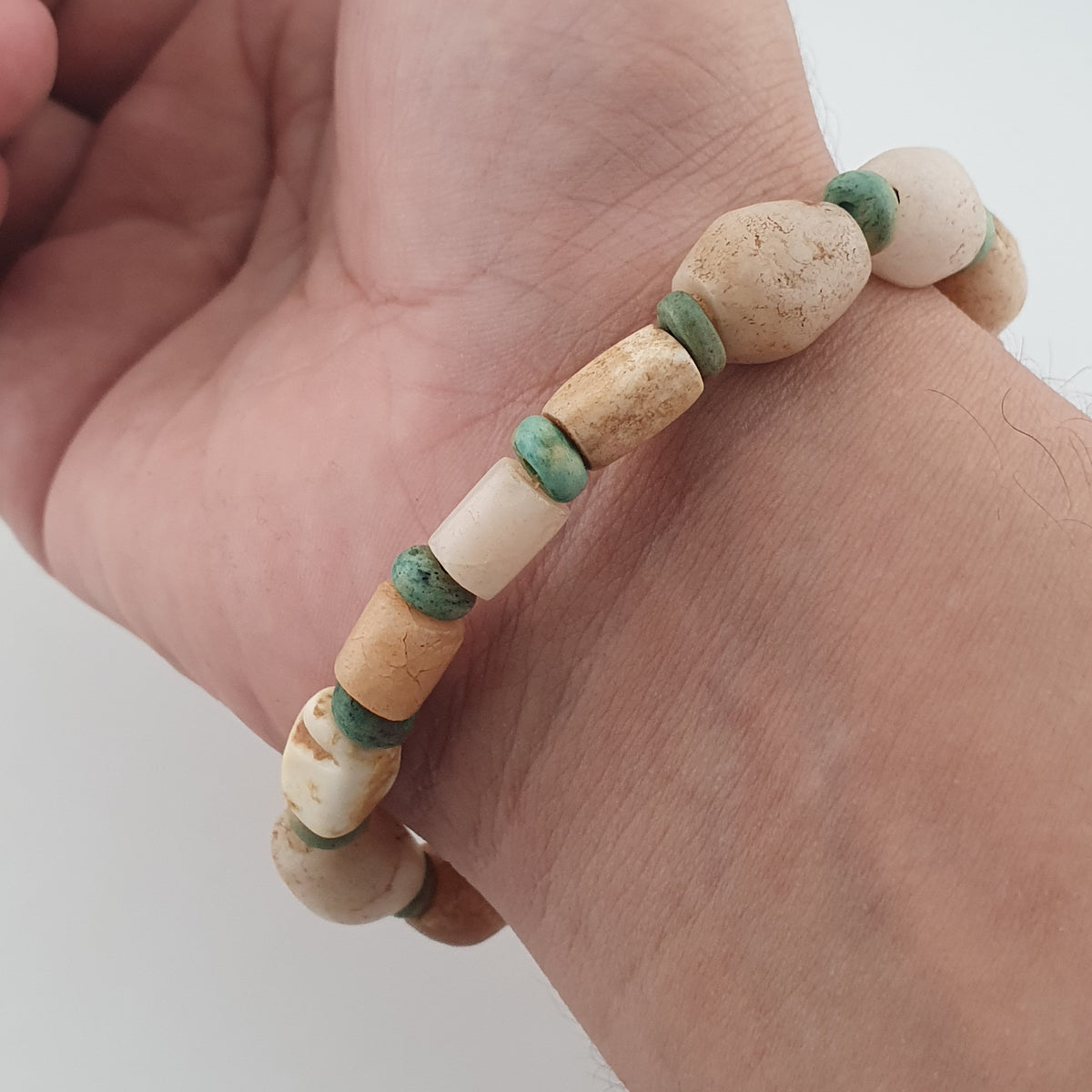 Antique White Yemeni Agate & Amazonite Stone Beads Bracelet  Vintage Gemstone Jewelry