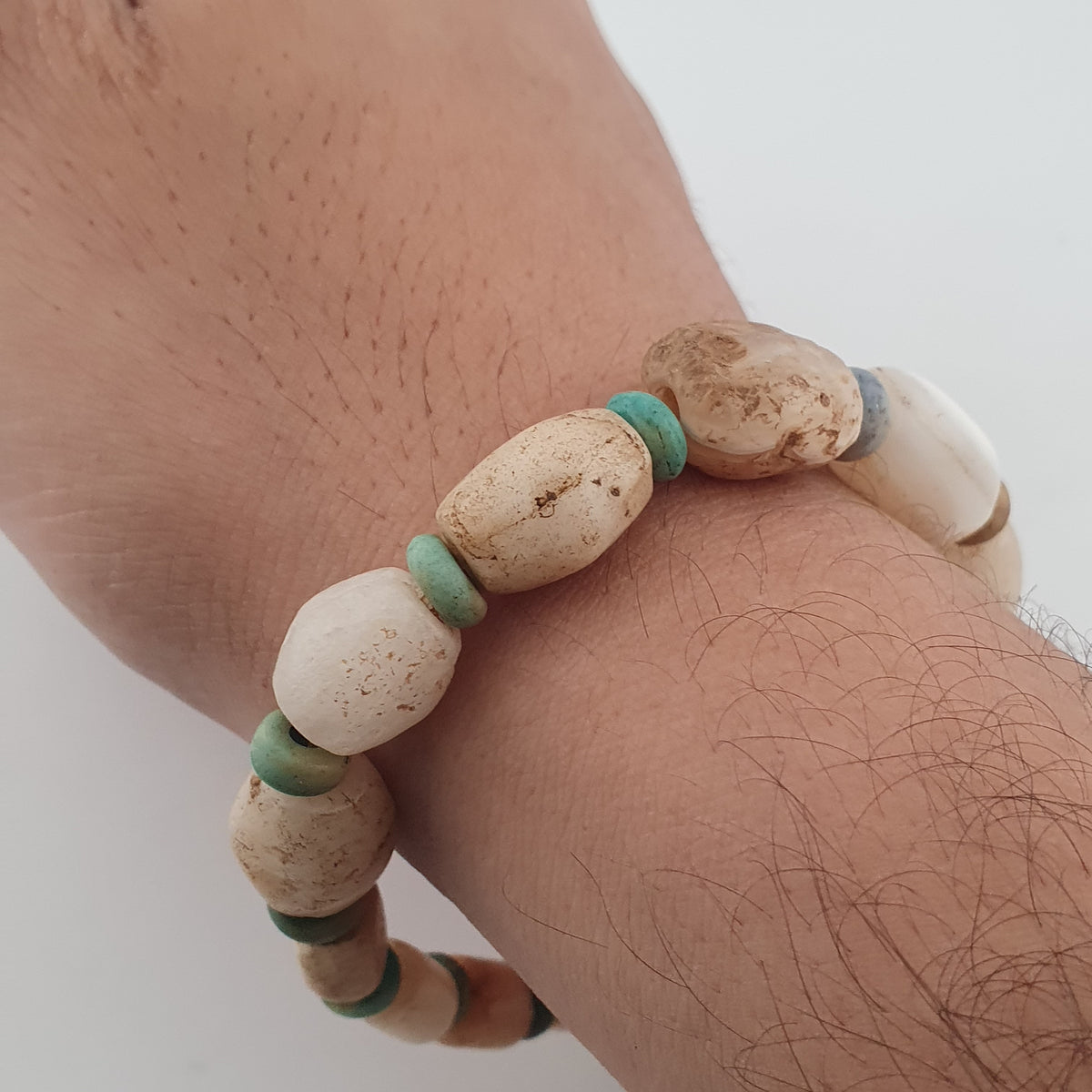 Antique White Yemeni Agate & Amazonite Stone Beads Bracelet  Vintage Gemstone Jewelry