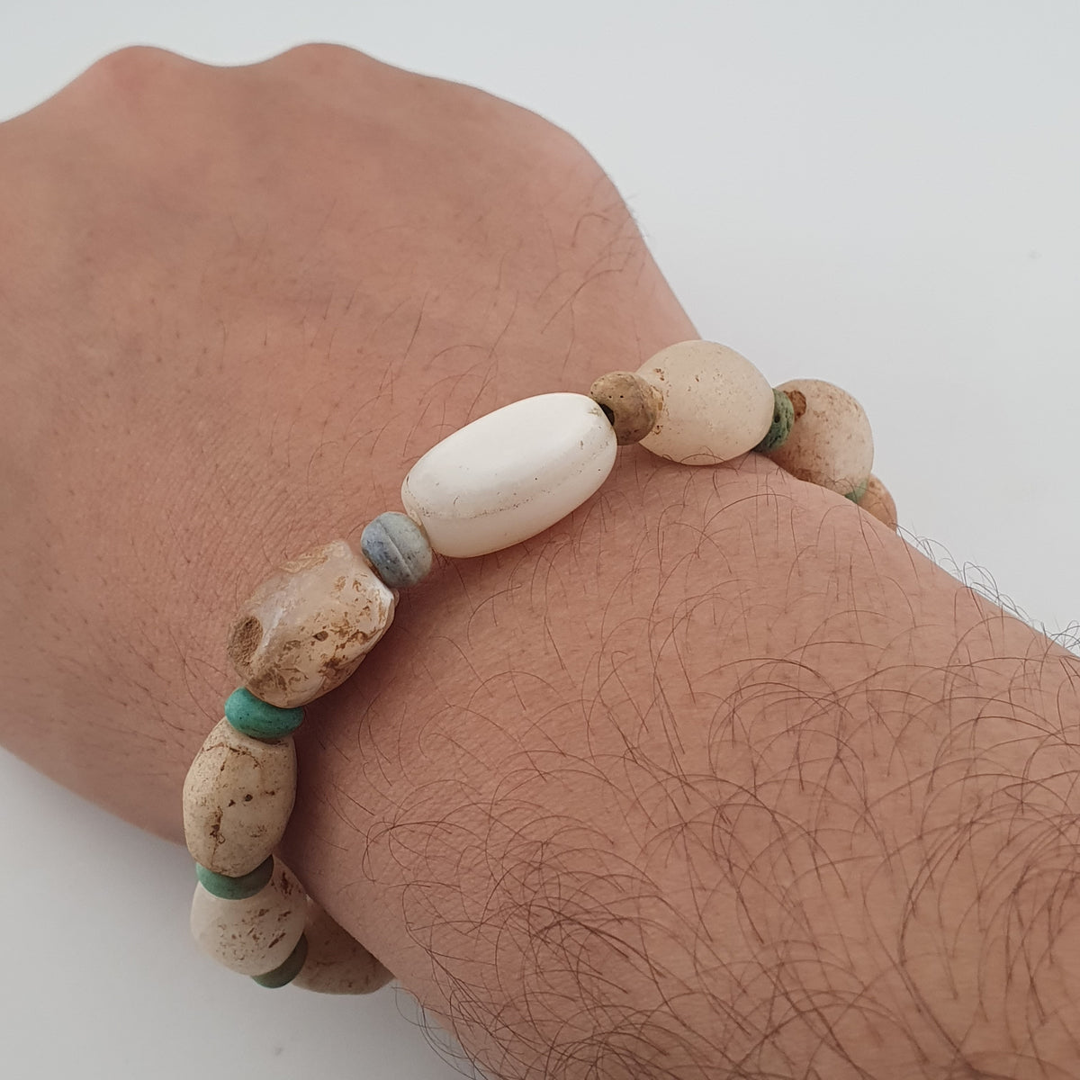 Antique White Yemeni Agate & Amazonite Stone Beads Bracelet  Vintage Gemstone Jewelry
