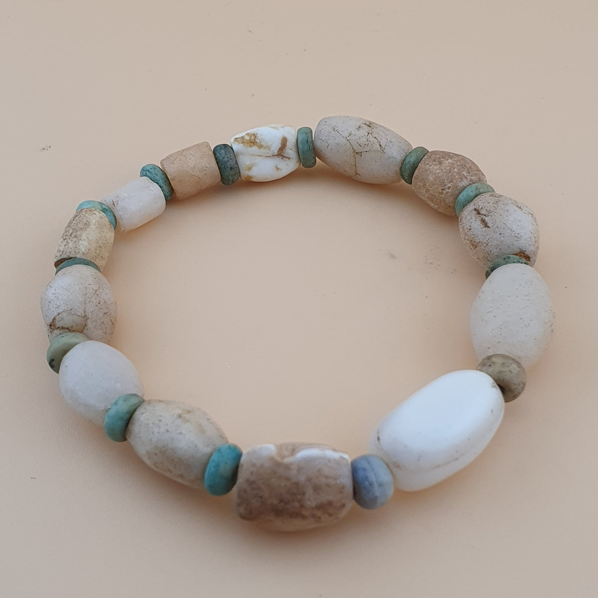 Antique White Yemeni Agate & Amazonite Stone Beads Bracelet  Vintage Gemstone Jewelry