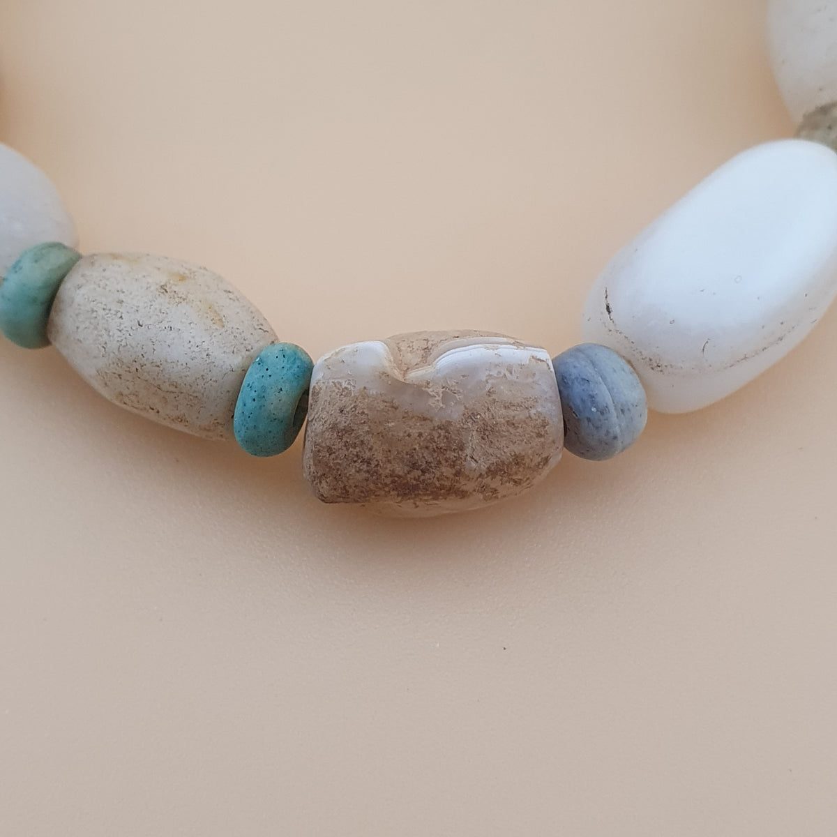 Antique White Yemeni Agate & Amazonite Stone Beads Bracelet  Vintage Gemstone Jewelry