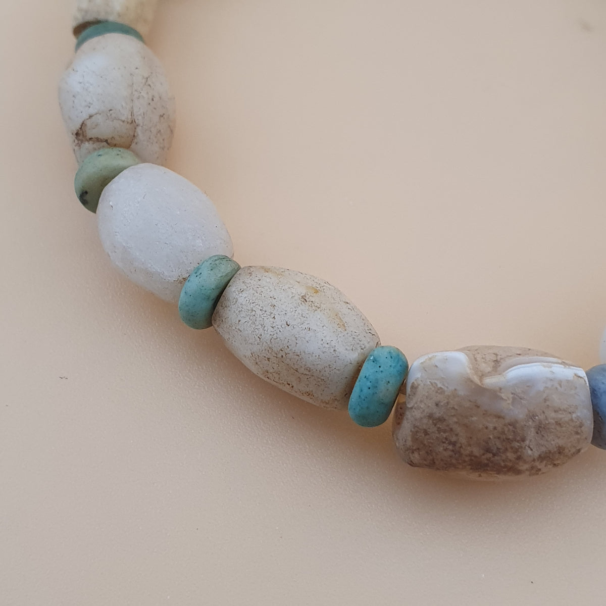 Antique White Yemeni Agate & Amazonite Stone Beads Bracelet  Vintage Gemstone Jewelry