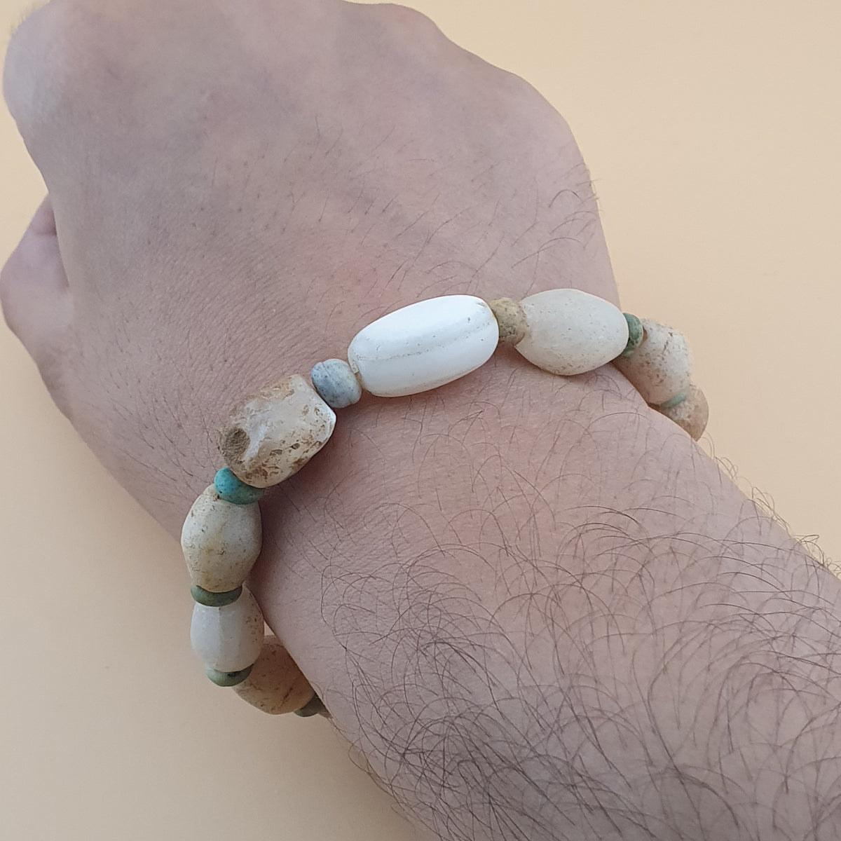 Antique White Yemeni Agate & Amazonite Stone Beads Bracelet  Vintage Gemstone Jewelry