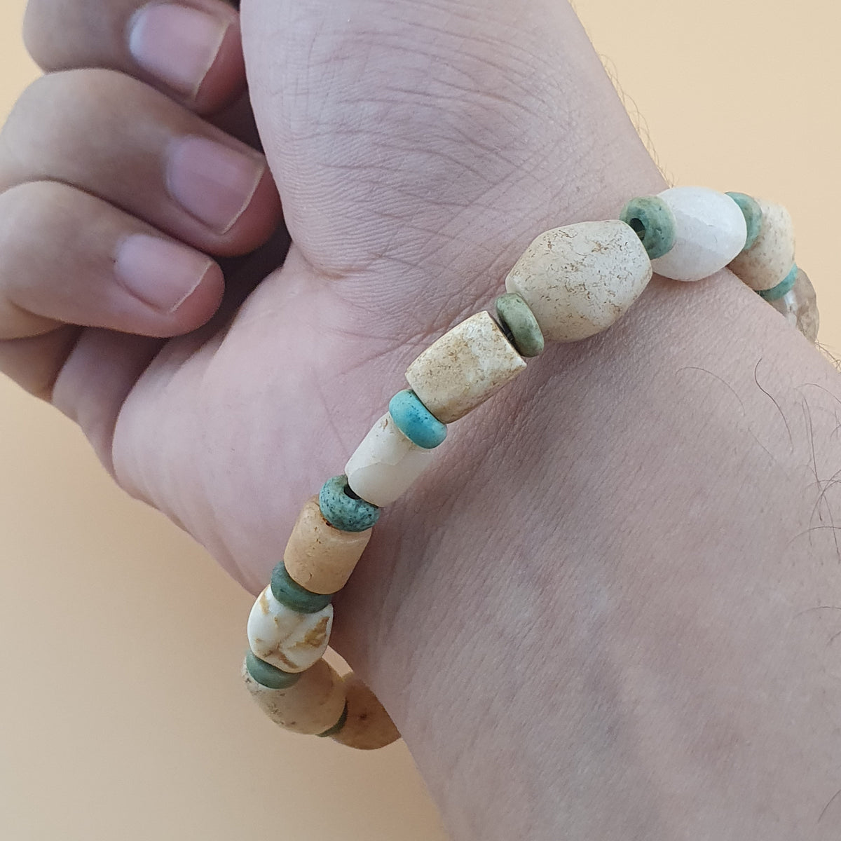 Antique White Yemeni Agate & Amazonite Stone Beads Bracelet  Vintage Gemstone Jewelry