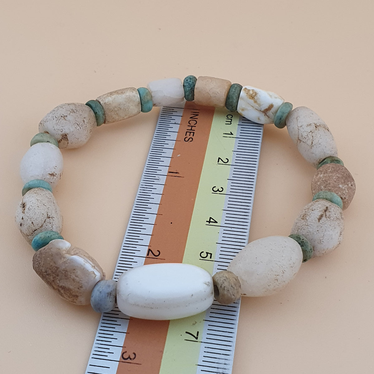 Antique White Yemeni Agate & Amazonite Stone Beads Bracelet  Vintage Gemstone Jewelry