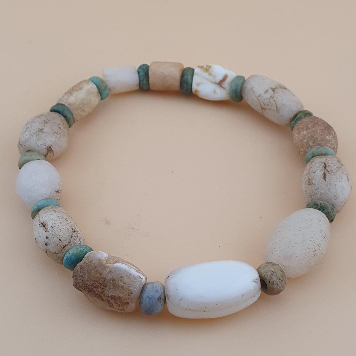 Antique White Yemeni Agate & Amazonite Stone Beads Bracelet  Vintage Gemstone Jewelry