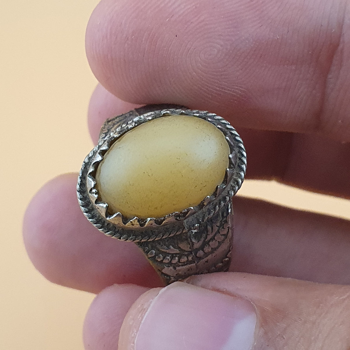 Antique Metal & Agate Ring Vintage Natural Stone Statement Jewelry