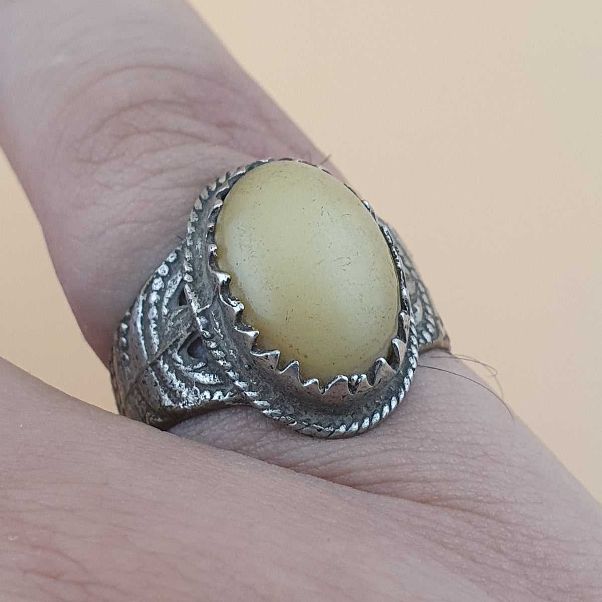 Antique Metal & Agate Ring Vintage Natural Stone Statement Jewelry