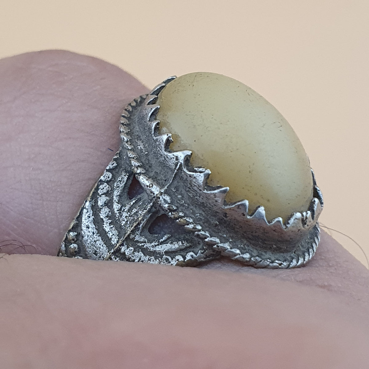 Antique Metal & Agate Ring Vintage Natural Stone Statement Jewelry