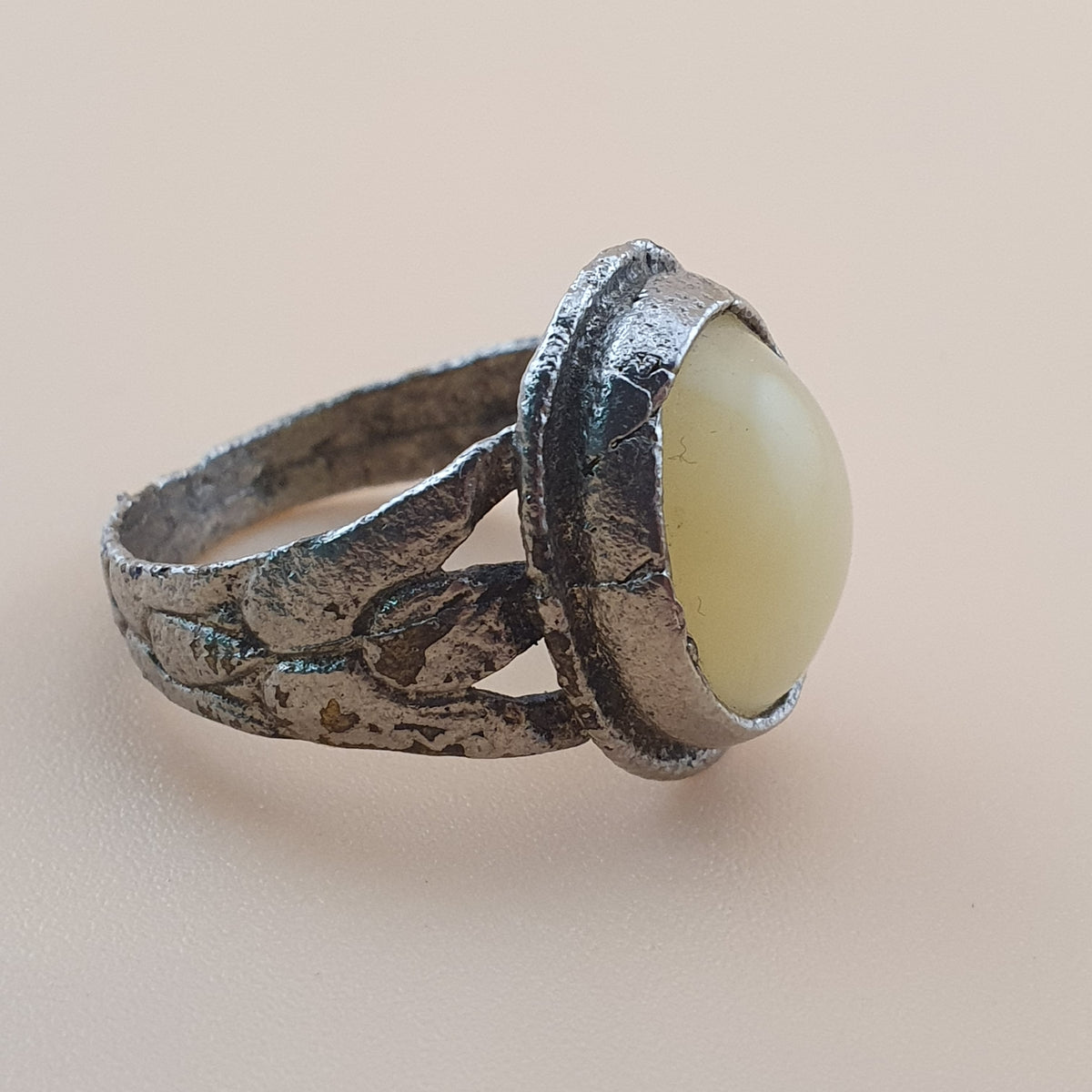 Antique Handmade Brass & Jade Ring Vintage Natural Stone Statement Jewelry