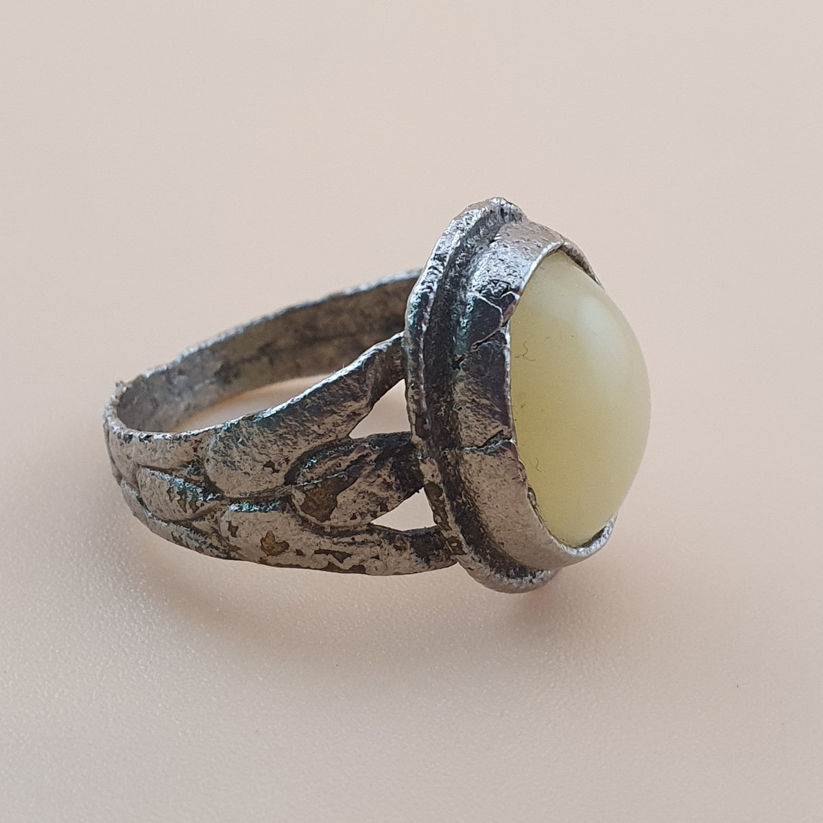 Antique Handmade Brass & Jade Ring Vintage Natural Stone Statement Jewelry