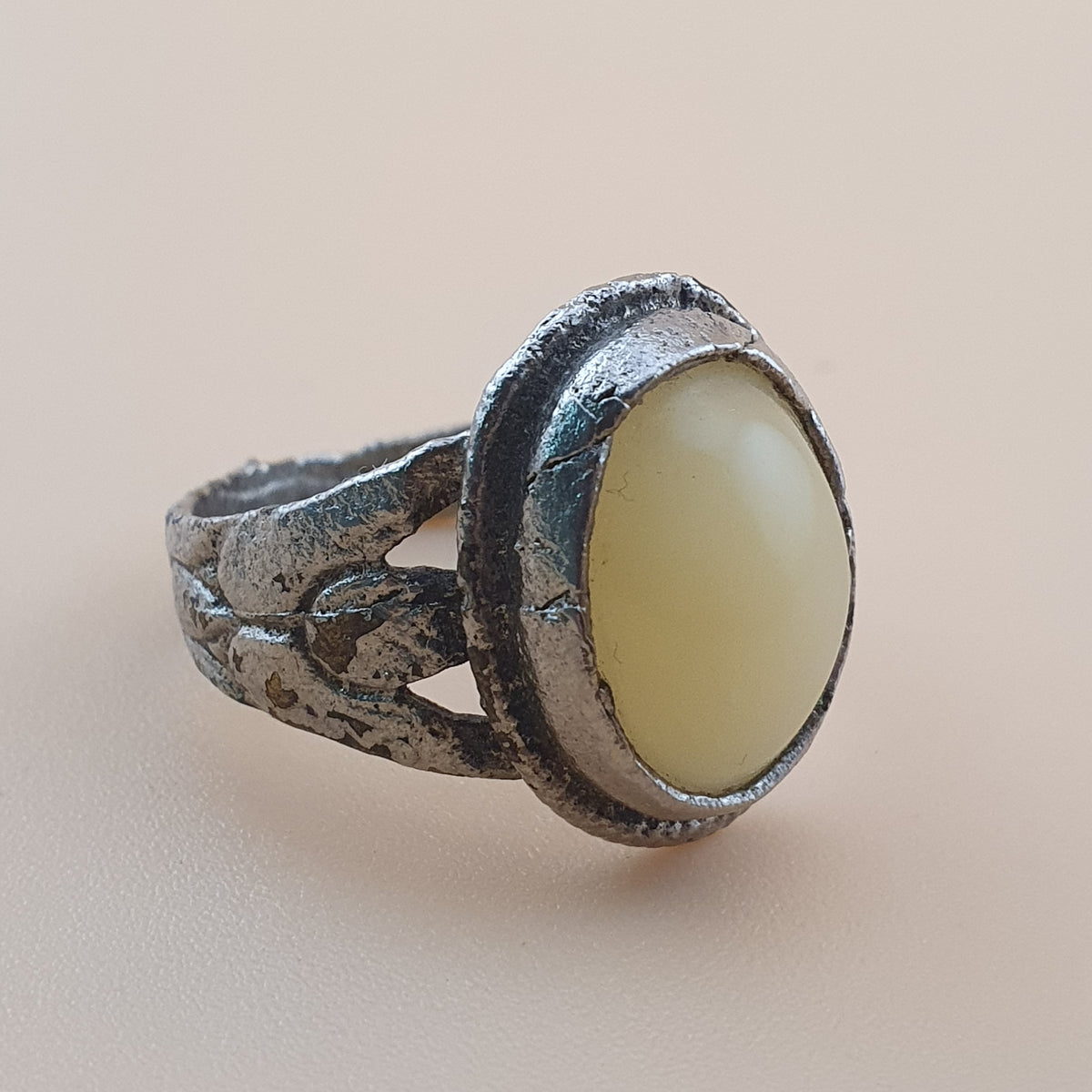 Antique Handmade Brass & Jade Ring Vintage Natural Stone Statement Jewelry