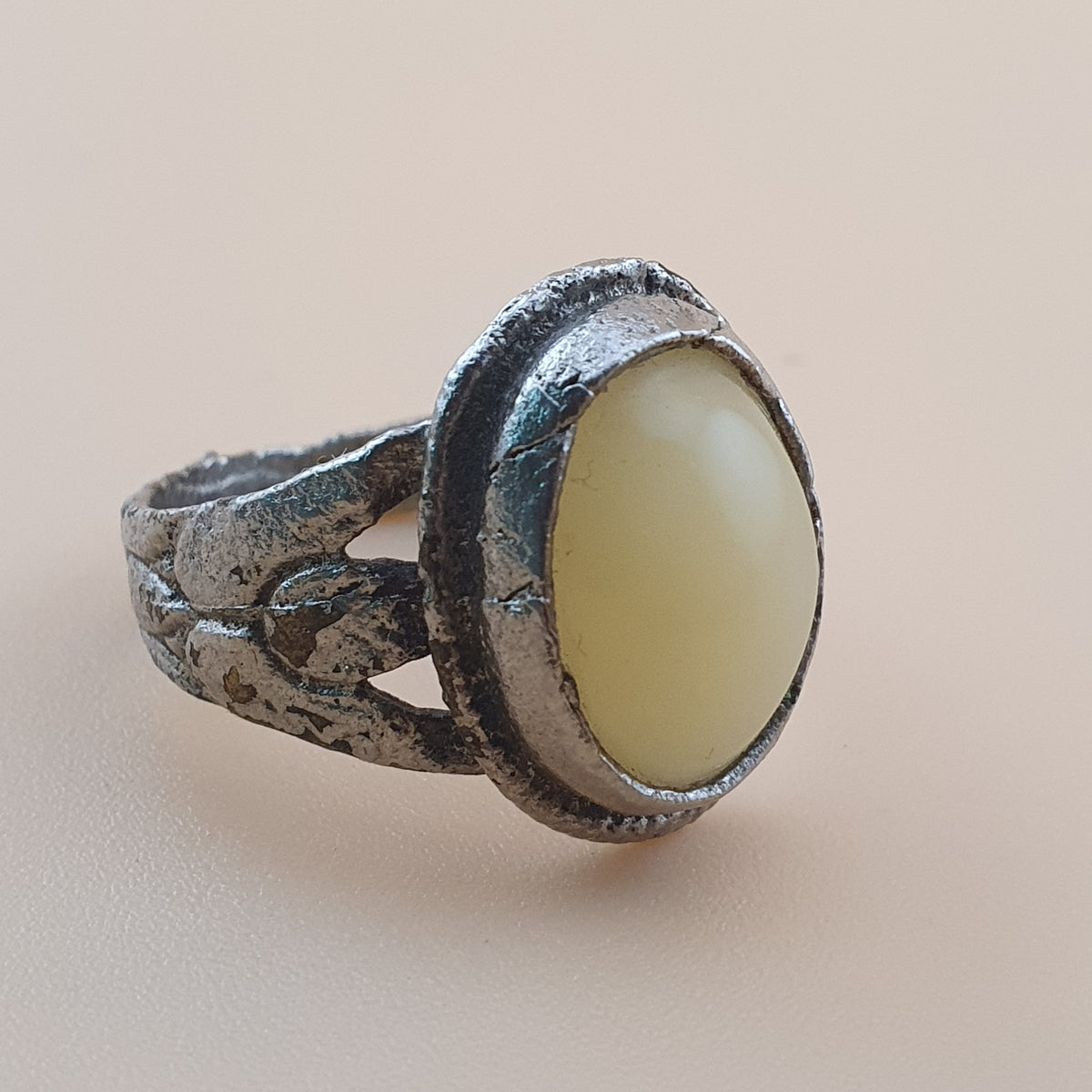 Antique Handmade Brass & Jade Ring Vintage Natural Stone Statement Jewelry