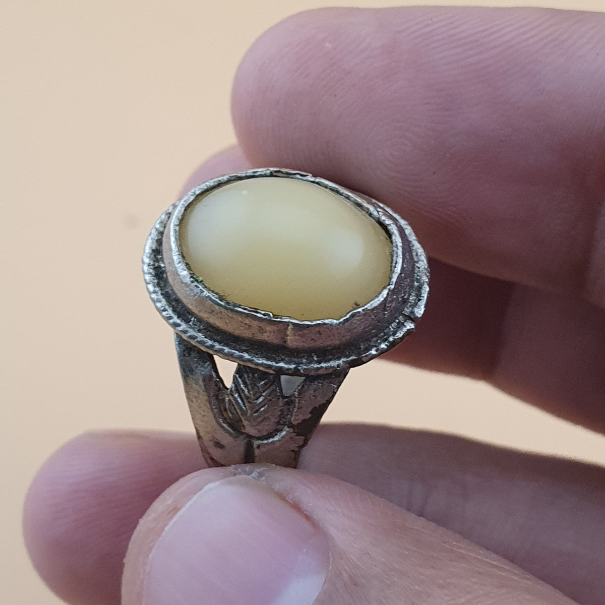 Antique Handmade Brass & Jade Ring Vintage Natural Stone Statement Jewelry