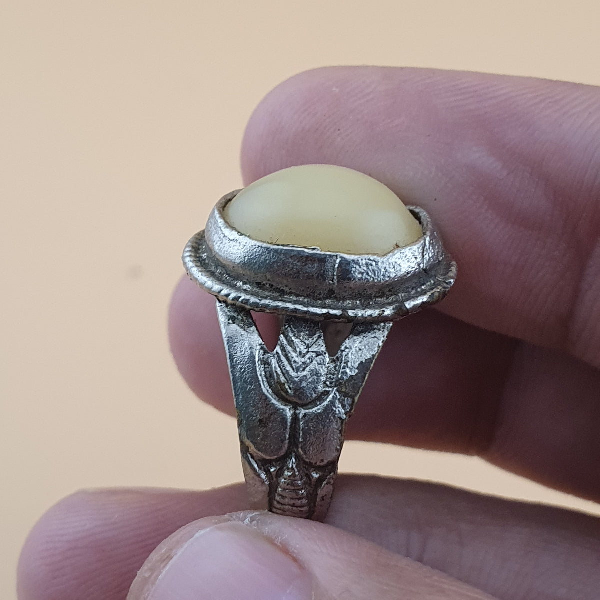Antique Handmade Brass & Jade Ring Vintage Natural Stone Statement Jewelry