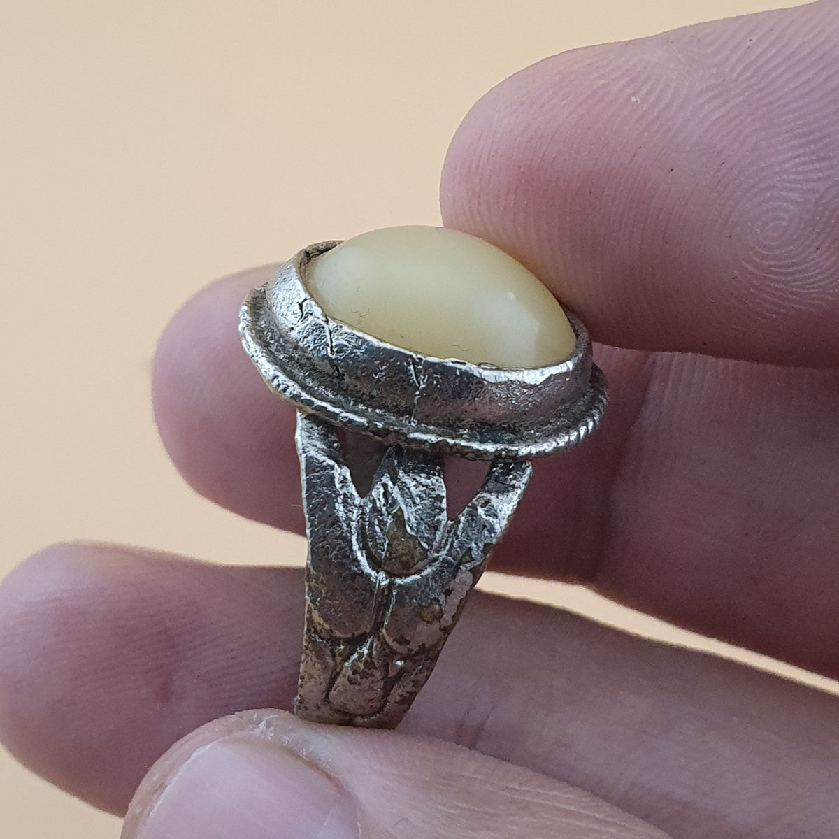 Antique Handmade Brass & Jade Ring Vintage Natural Stone Statement Jewelry