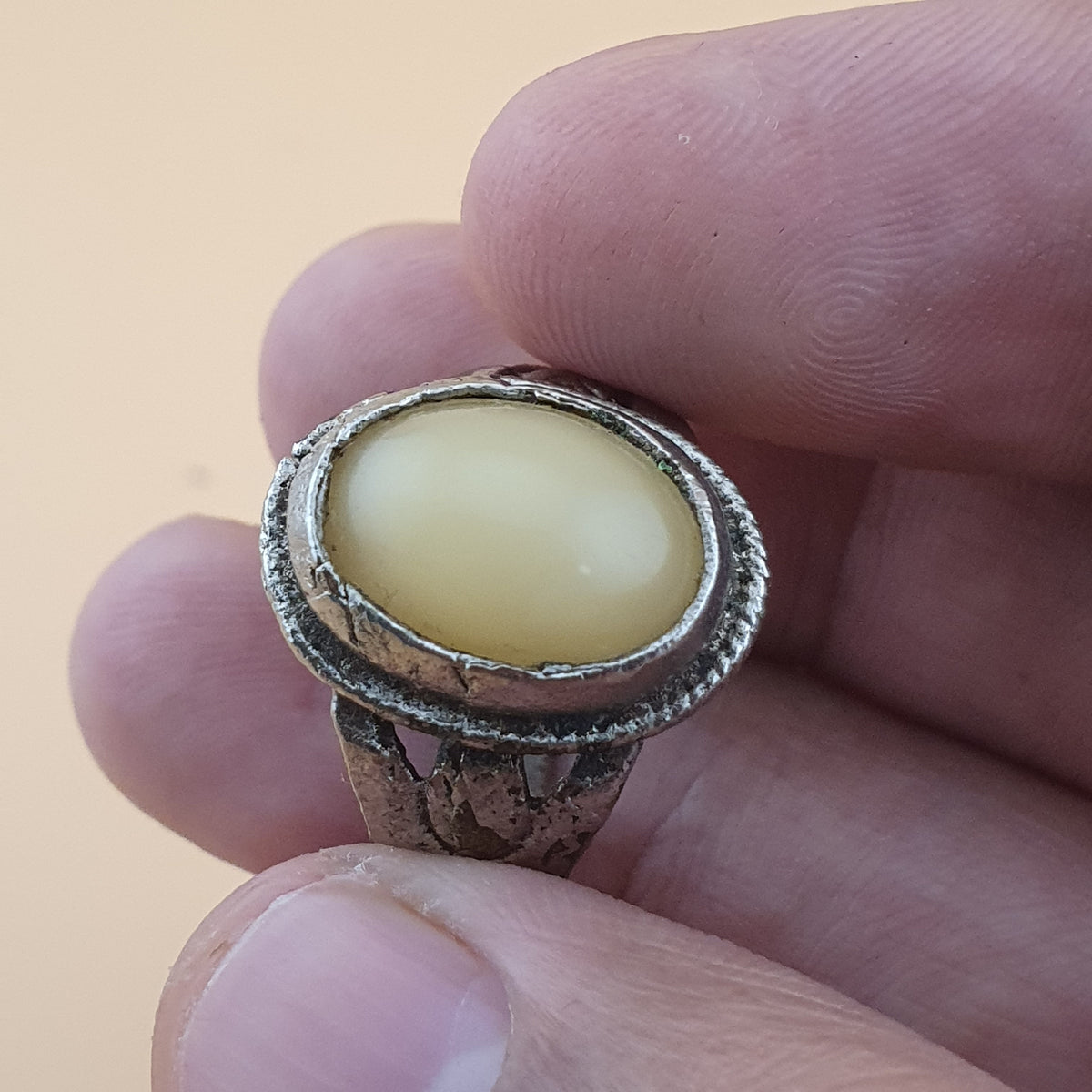 Antique Handmade Brass & Jade Ring Vintage Natural Stone Statement Jewelry