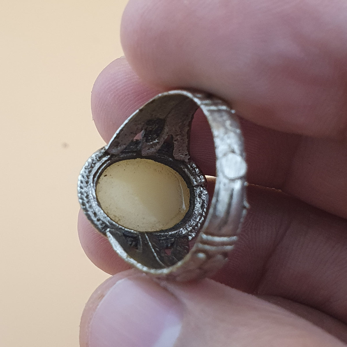 Antique Handmade Brass & Jade Ring Vintage Natural Stone Statement Jewelry