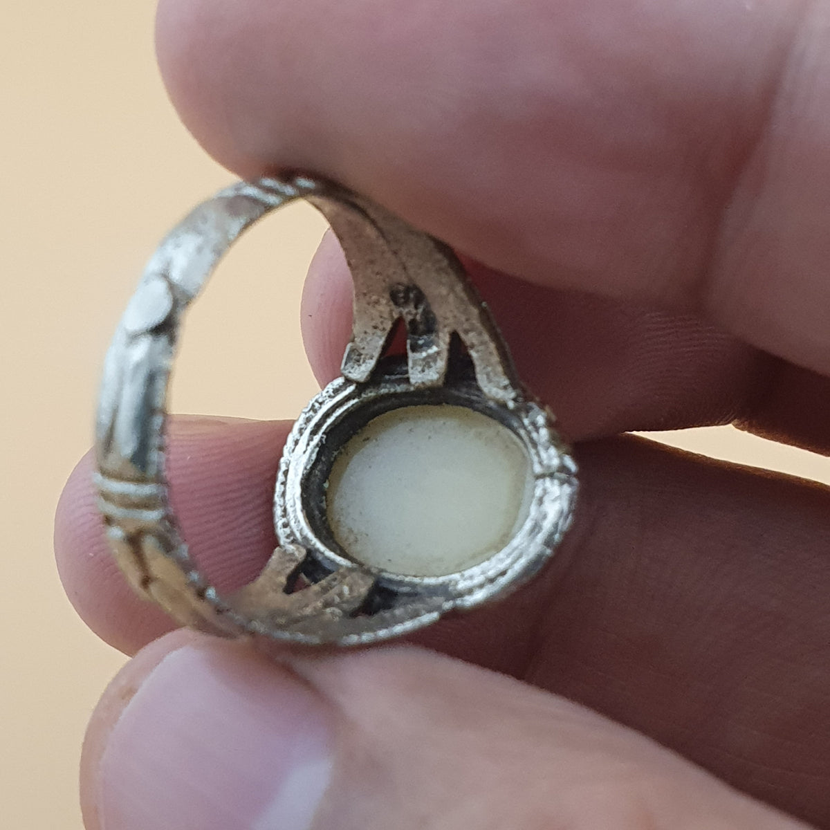 Antique Handmade Brass & Jade Ring Vintage Natural Stone Statement Jewelry