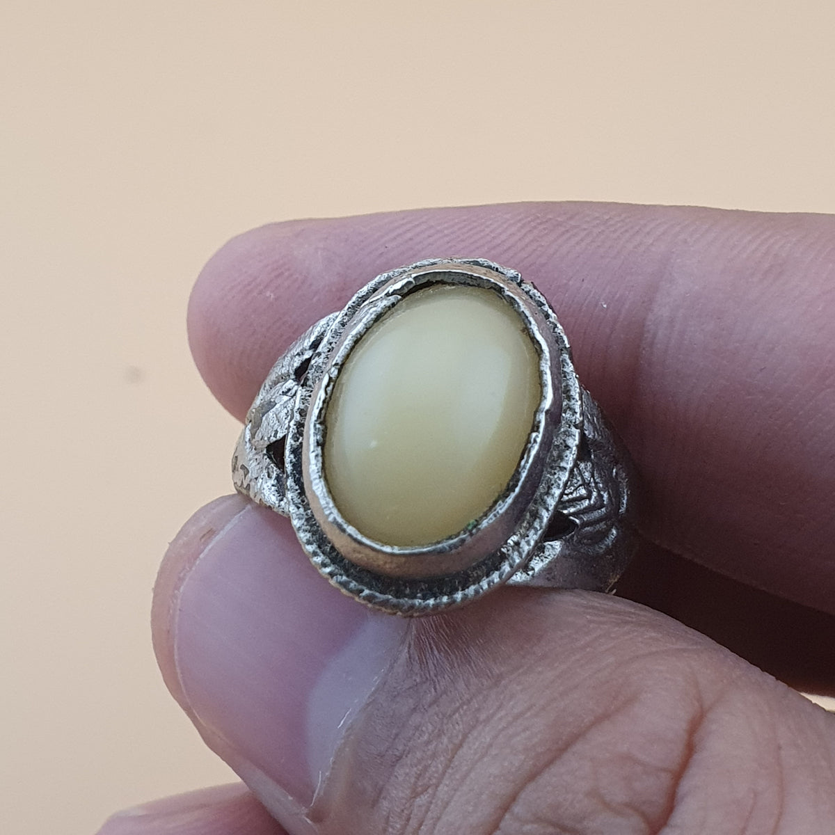 Antique Handmade Brass & Jade Ring Vintage Natural Stone Statement Jewelry