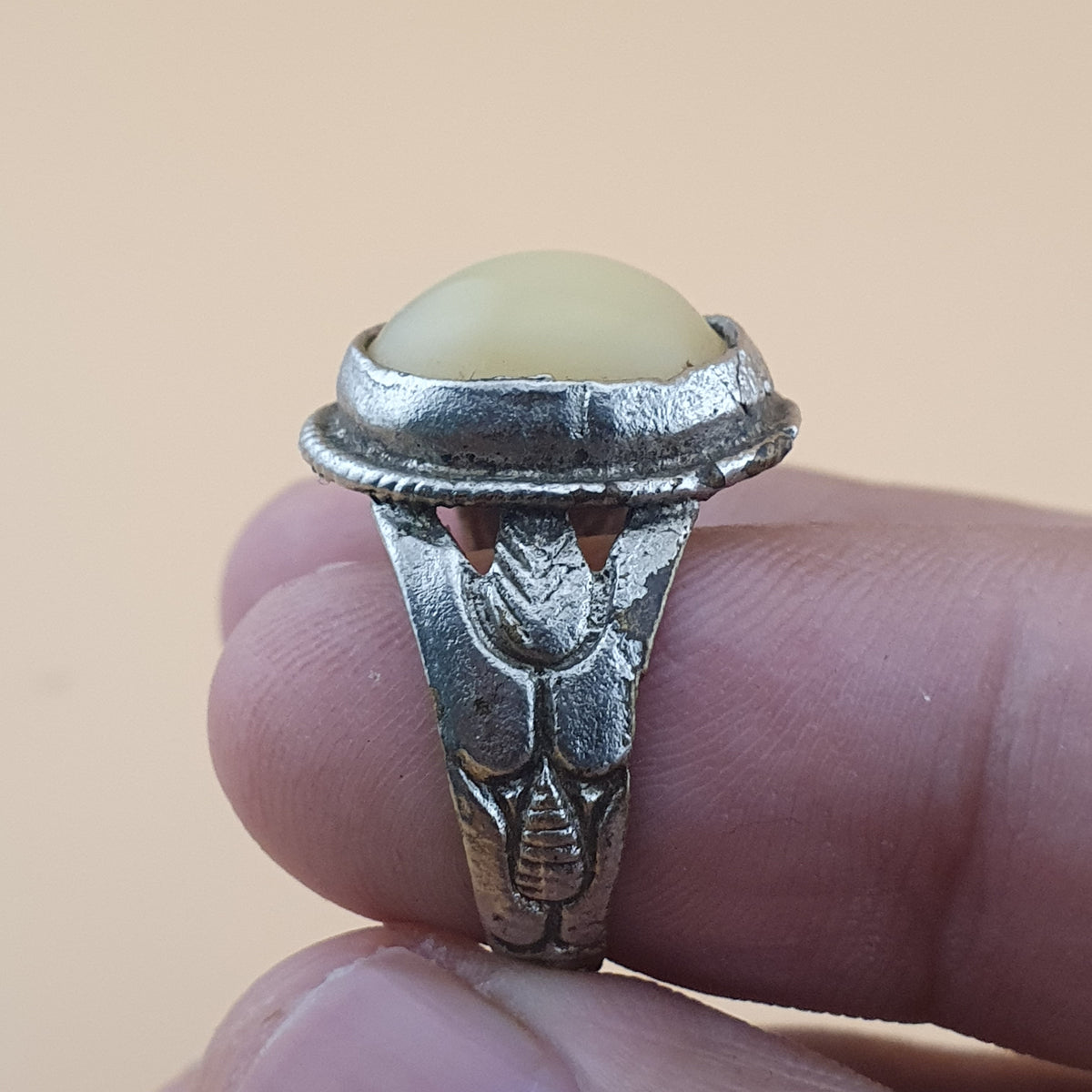 Antique Handmade Brass & Jade Ring Vintage Natural Stone Statement Jewelry
