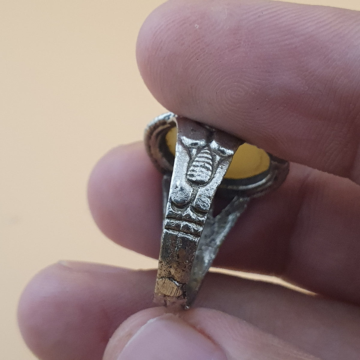Antique Handmade Brass & Jade Ring Vintage Natural Stone Statement Jewelry