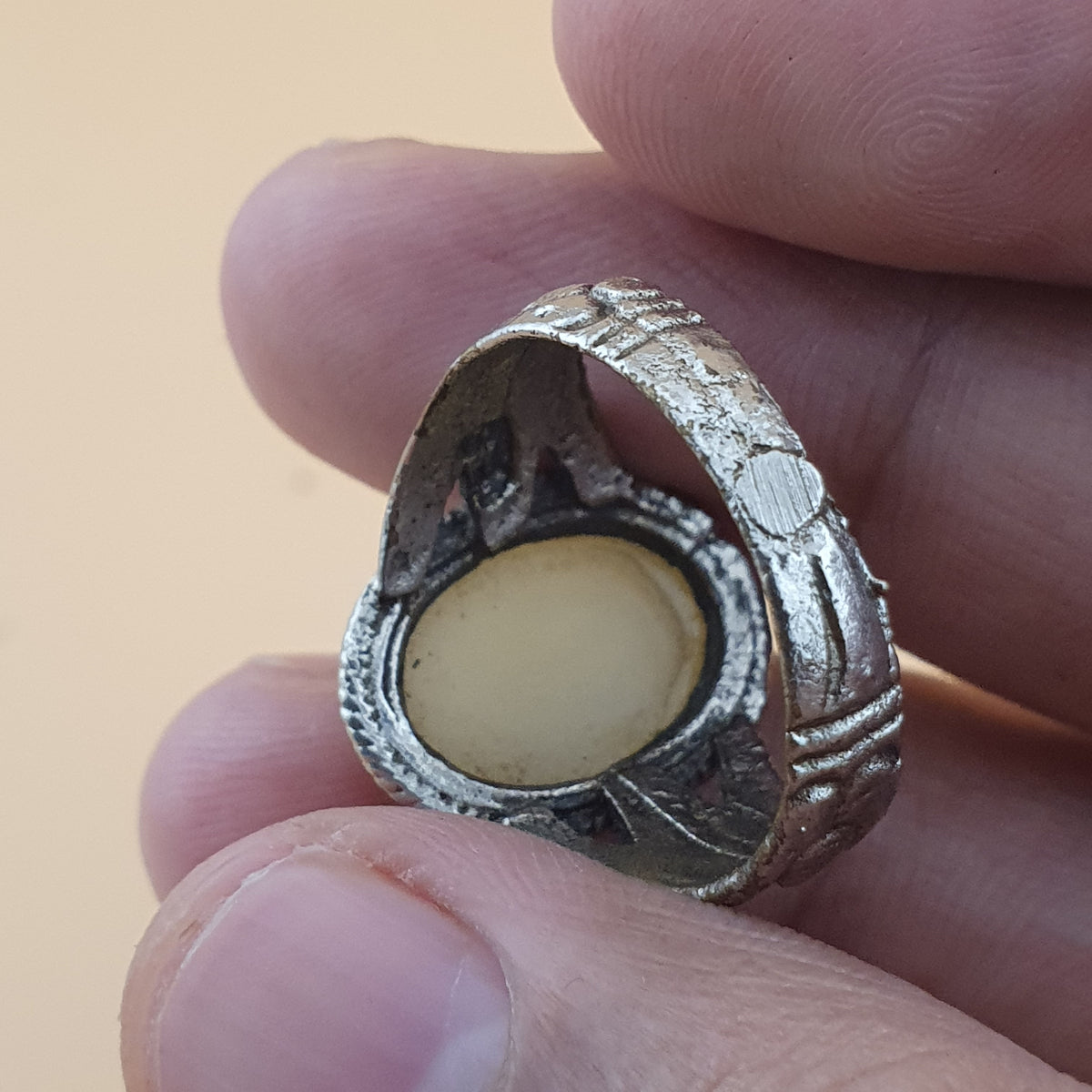 Antique Handmade Brass & Jade Ring Vintage Natural Stone Statement Jewelry