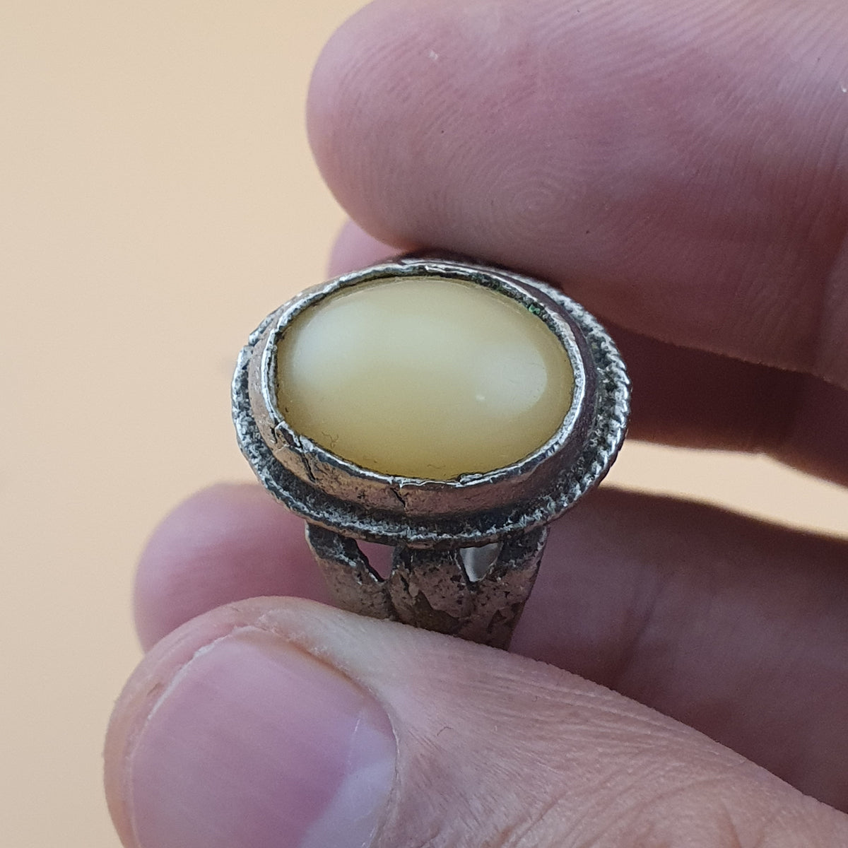 Antique Handmade Brass & Jade Ring Vintage Natural Stone Statement Jewelry