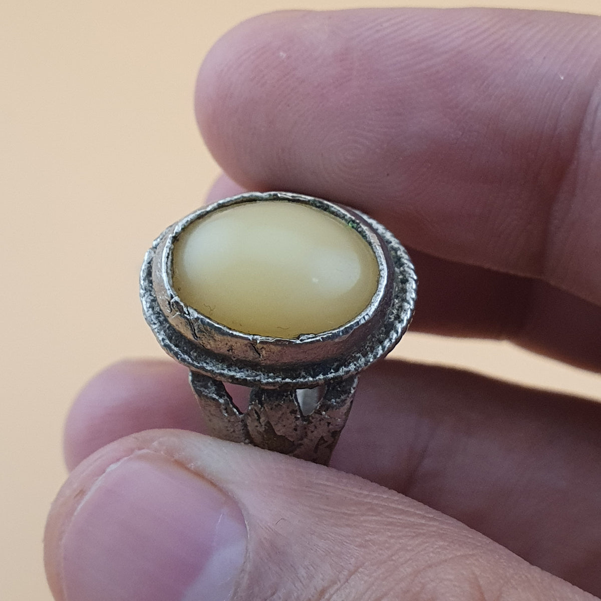 Antique Handmade Brass & Jade Ring Vintage Natural Stone Statement Jewelry