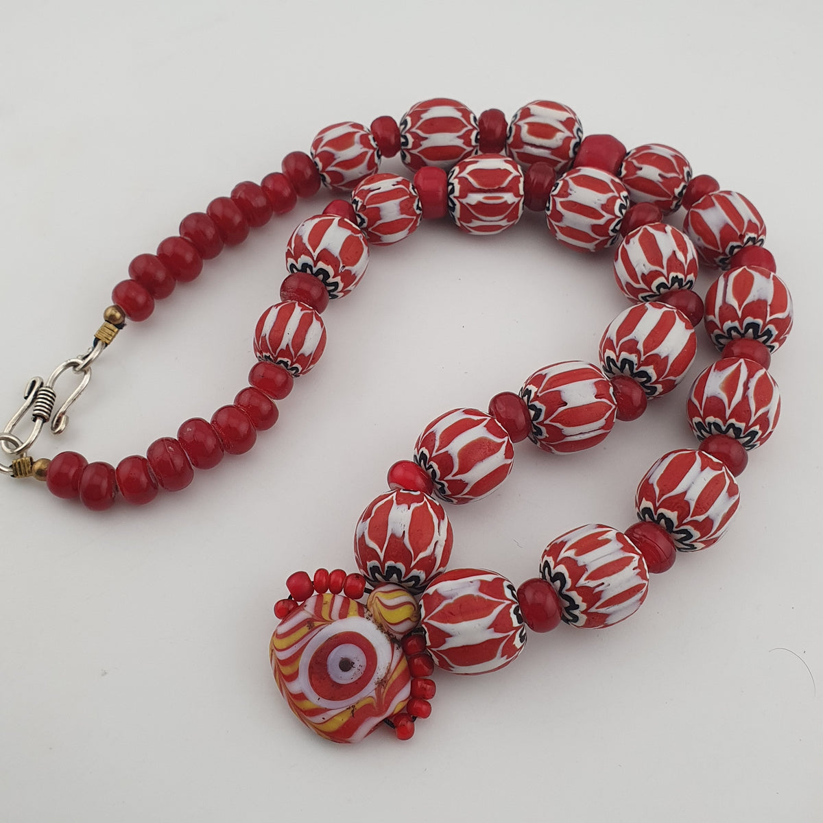 Vintage Venetian Style Chevron & Whiteheart with Eye Old Glass Pendant Necklace