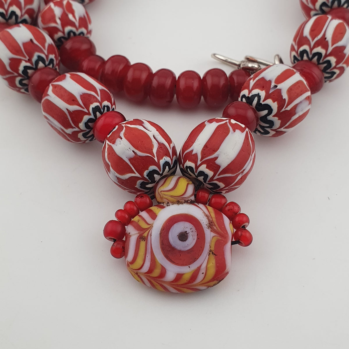 Vintage Venetian Style Chevron & Whiteheart with Eye Old Glass Pendant Necklace