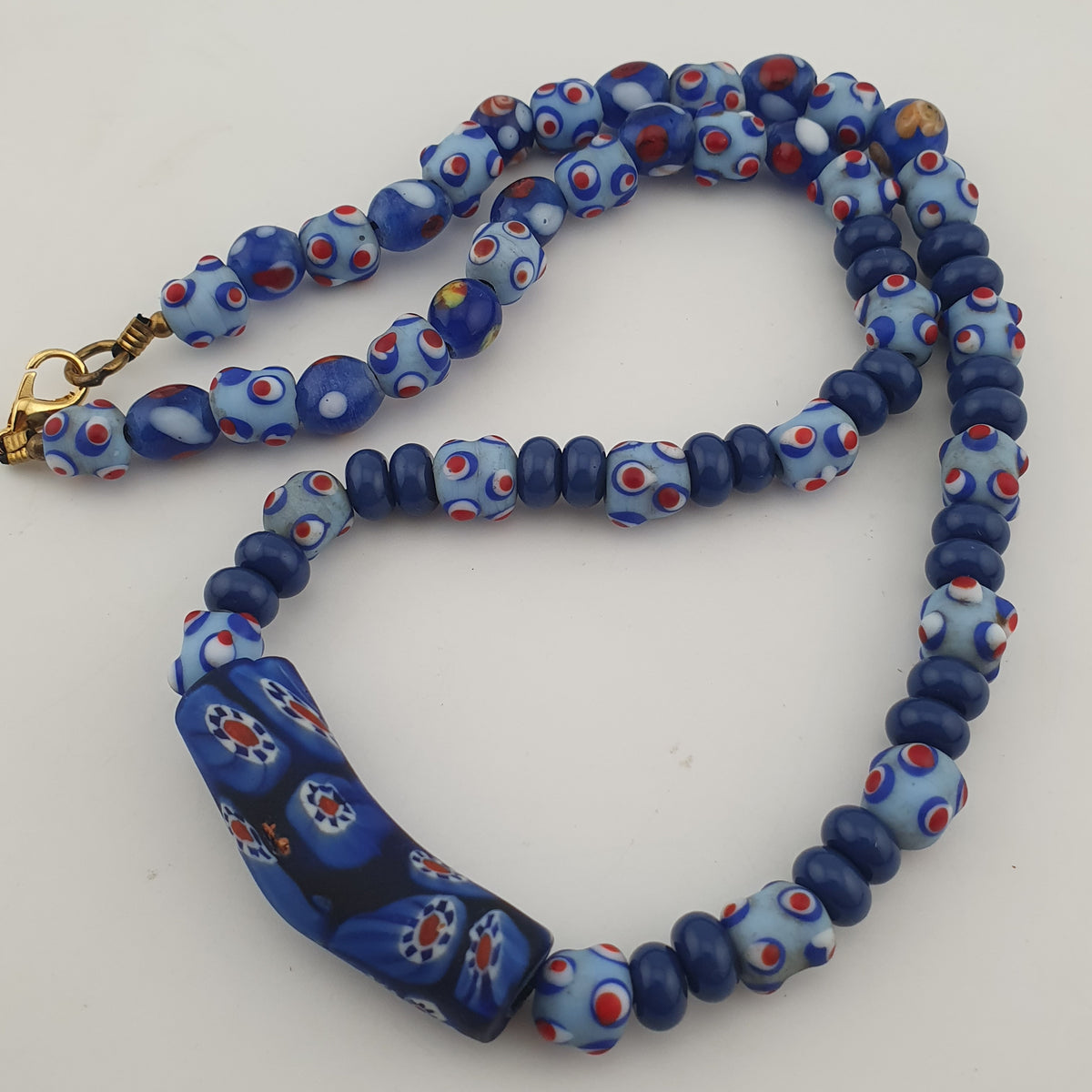 Vintage Venetian Style Skunk Eyes & Millefiori Glass Beads Necklace