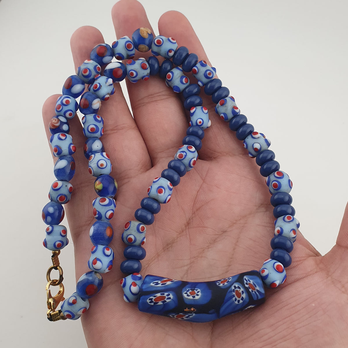 Vintage Venetian Style Skunk Eyes & Millefiori Glass Beads Necklace