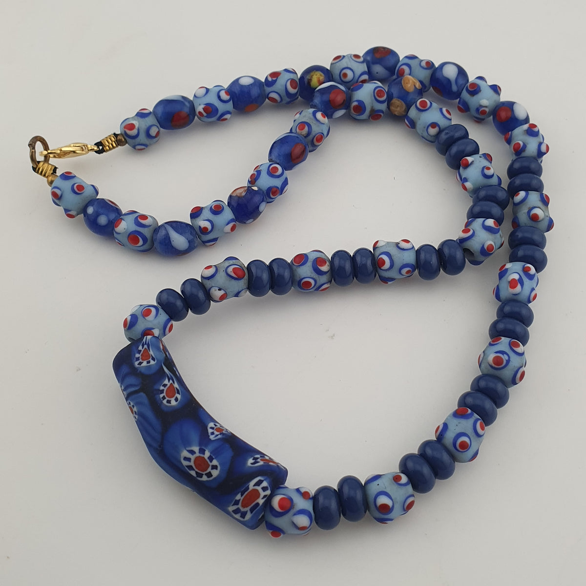 Vintage Venetian Style Skunk Eyes & Millefiori Glass Beads Necklace
