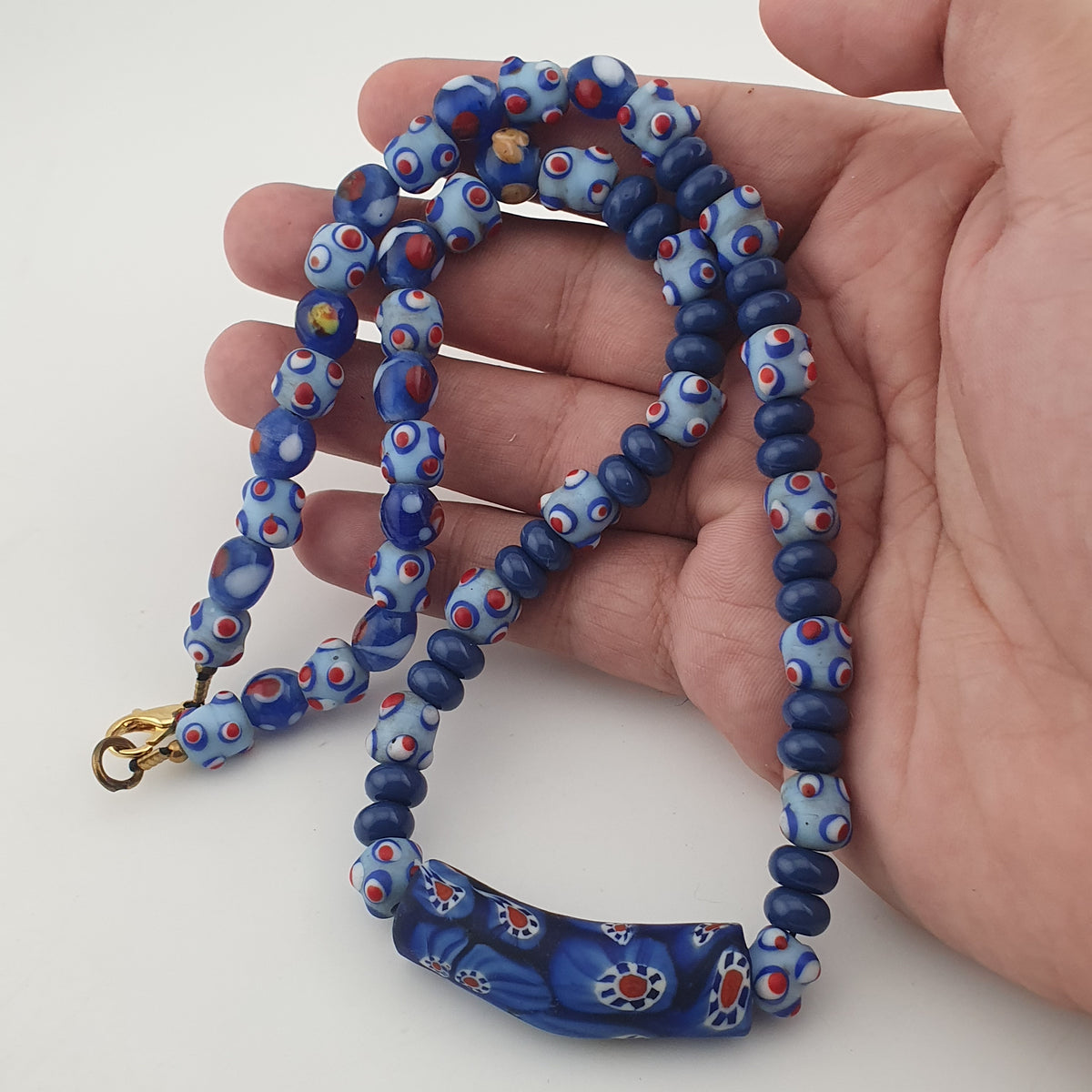Vintage Venetian Style Skunk Eyes & Millefiori Glass Beads Necklace