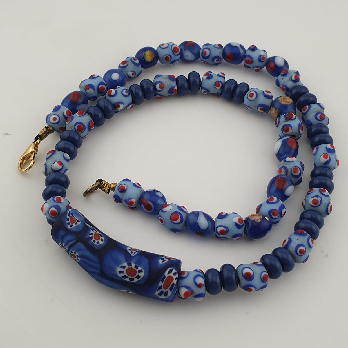 Vintage Venetian Style Skunk Eyes & Millefiori Glass Beads Necklace