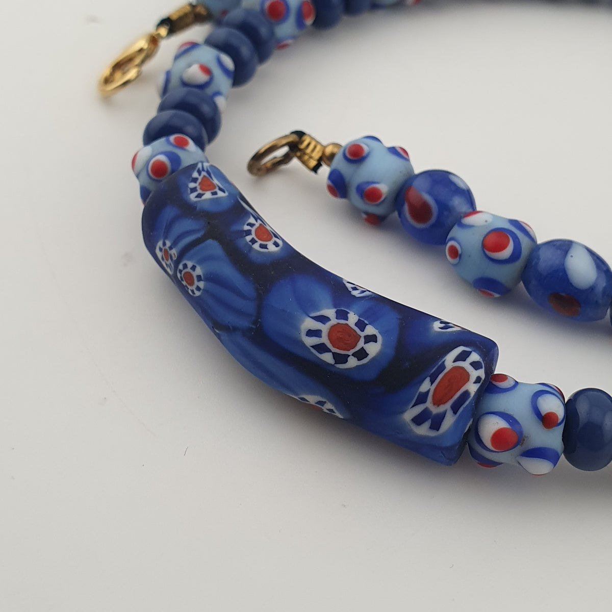 Vintage Venetian Style Skunk Eyes & Millefiori Glass Beads Necklace