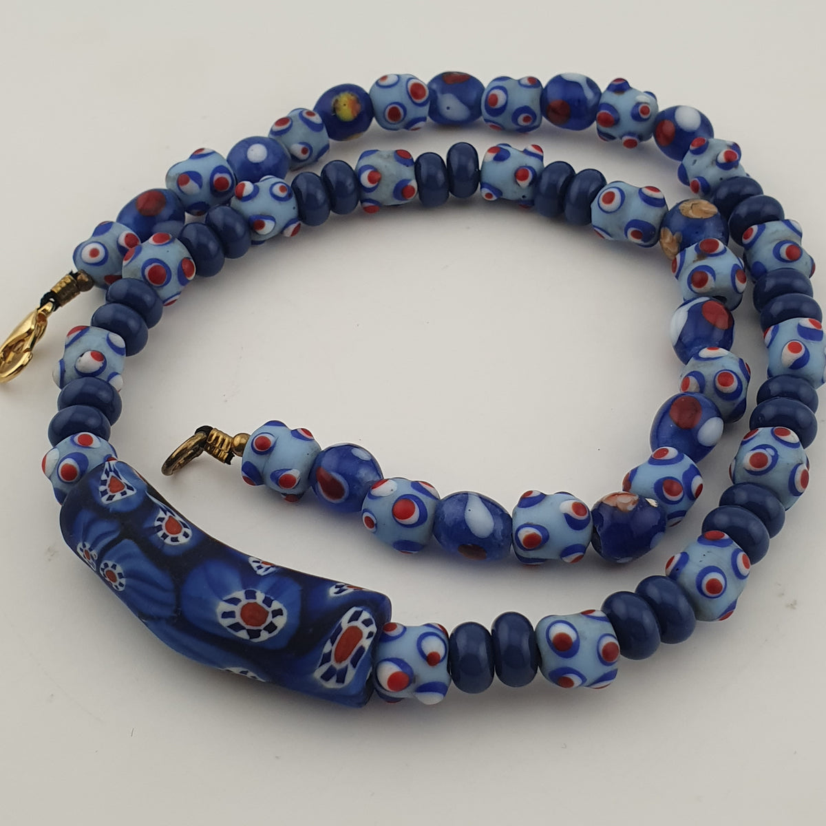 Vintage Venetian Style Skunk Eyes & Millefiori Glass Beads Necklace