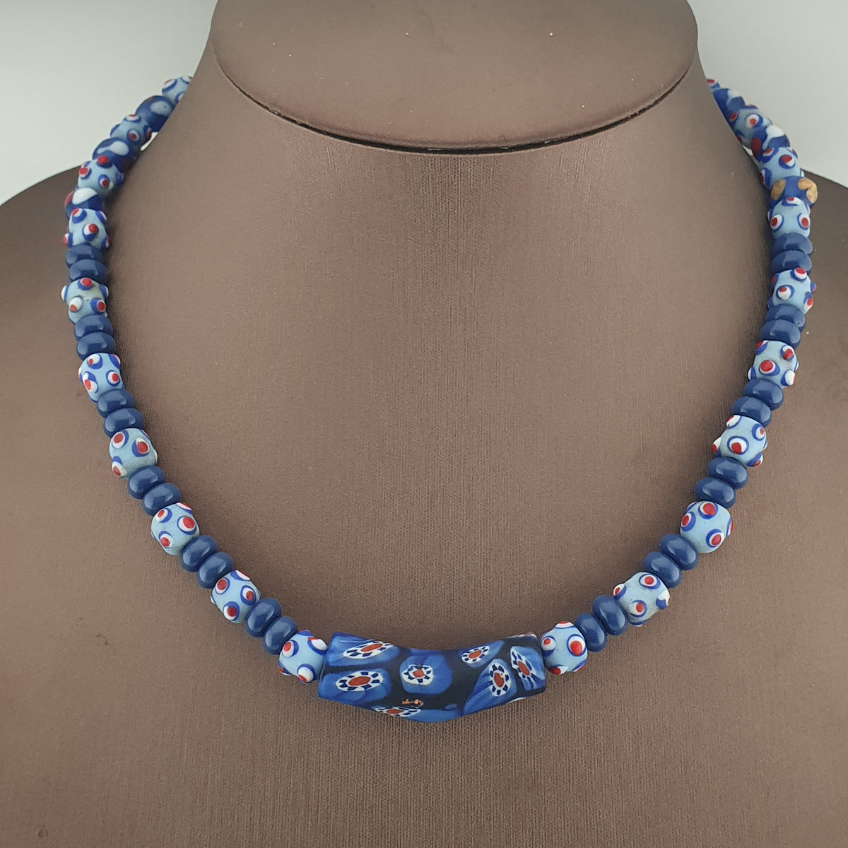 Vintage Venetian Style Skunk Eyes & Millefiori Glass Beads Necklace