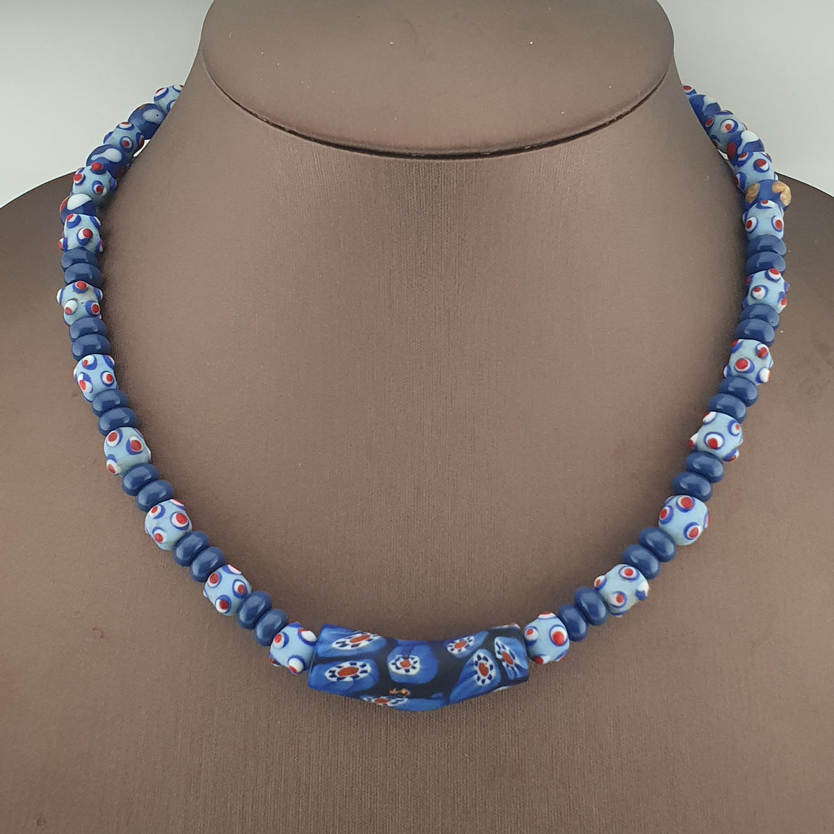 Vintage Venetian Style Skunk Eyes & Millefiori Glass Beads Necklace